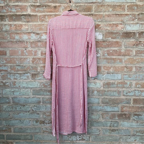 Zara Shirt Dress Red White Striped Linen Blend Midi Button Front Shirtdress - Picture 12 of 14